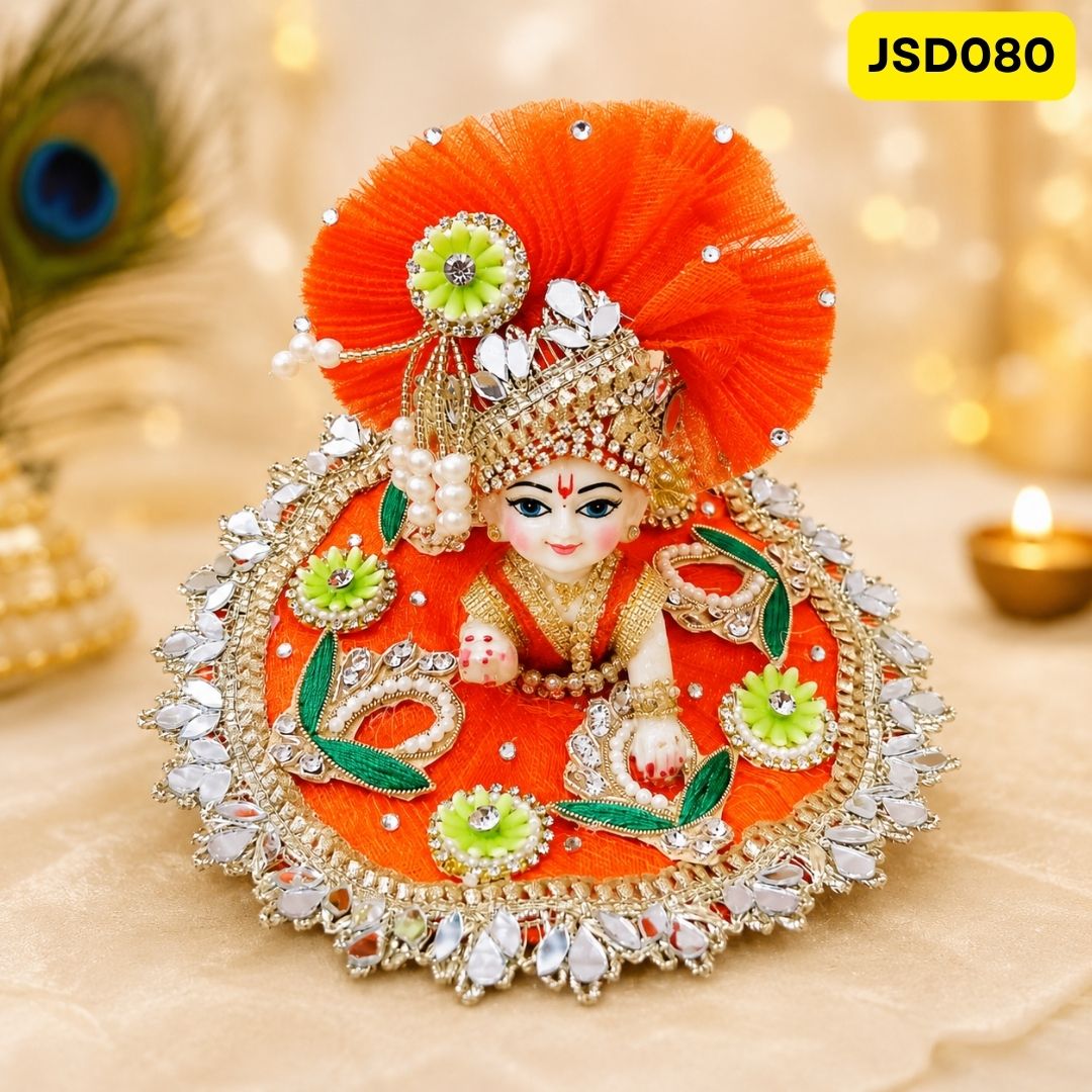 Orange Peacock Motif Laddu Gopal Ji Poshak with Matching Pagdi | JSD080