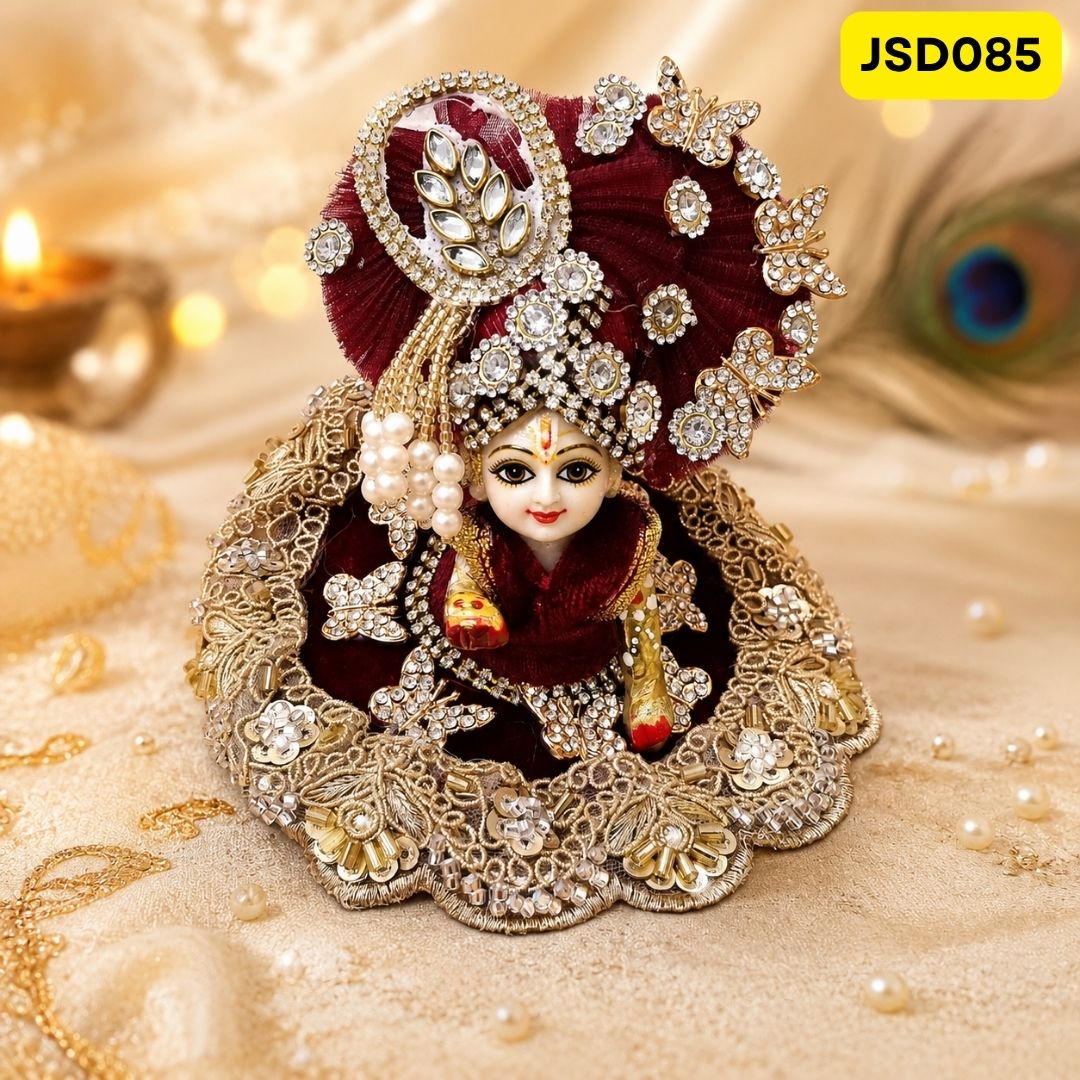 Dark Maroon Velvet Leaf Work Laddu Gopal Ji Poshak with Matching Pagdi | JSD085