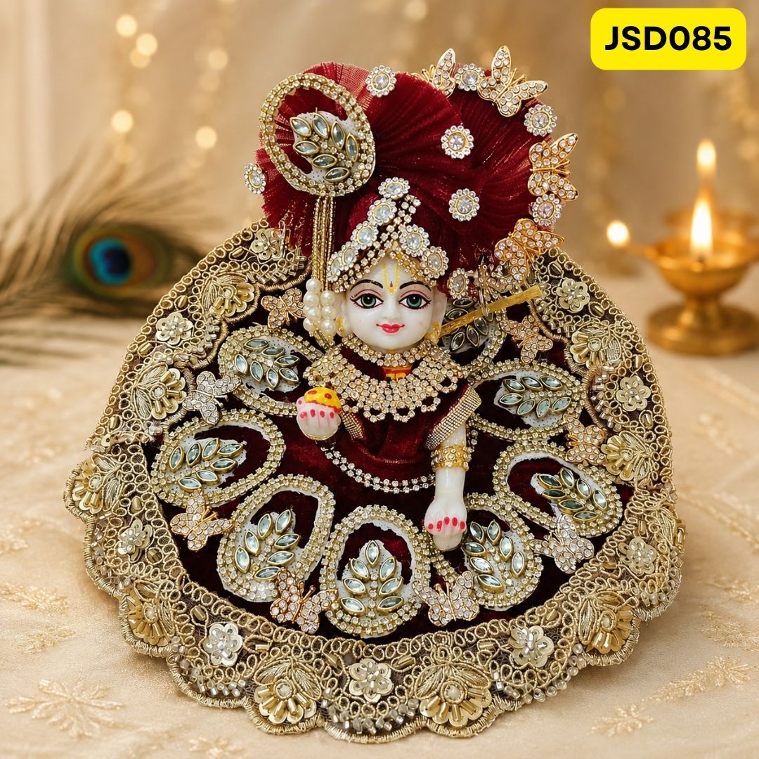 Dark Maroon Velvet Leaf Work Laddu Gopal Ji Poshak with Matching Pagdi | JSD085