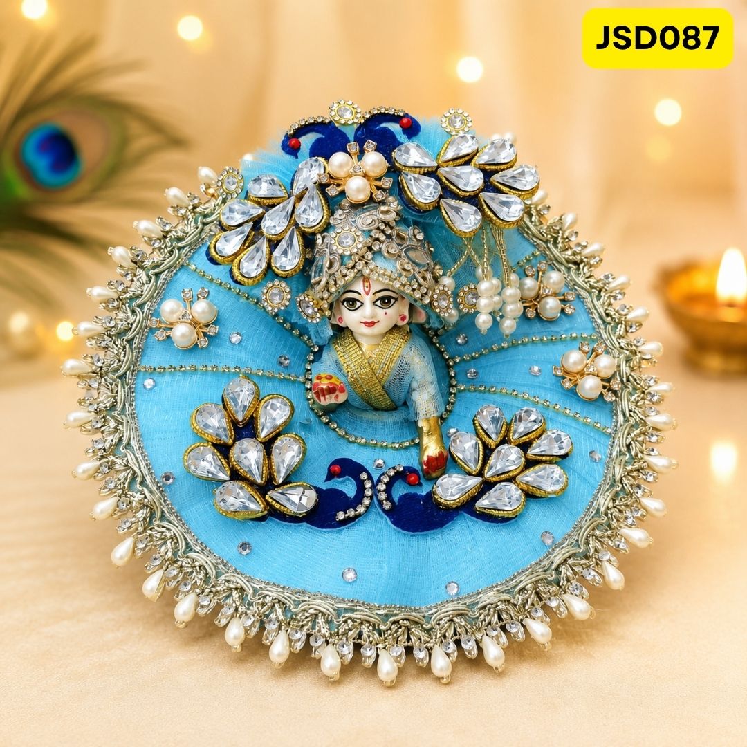 Sky Blue Peacock Mirror Work Laddu Gopal Ji Poshak with Matching Pagdi | JSD087