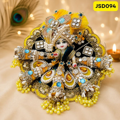 Yellow Blue Designer Cone Flare Laddu Gopal Ji Poshak with Matching Pagdi | JSD094