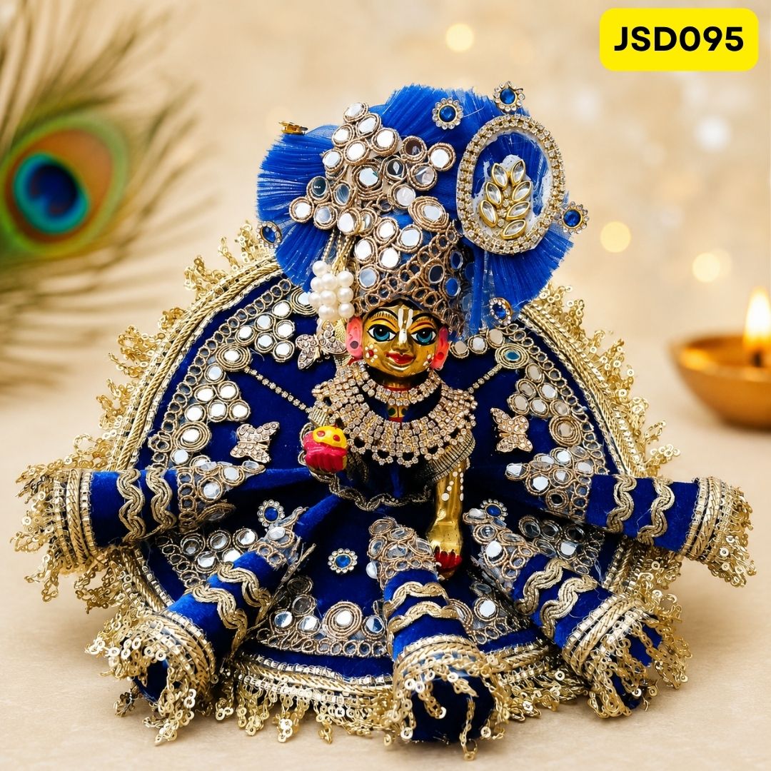 Royal Blue Mirror Work Laddu Gopal Ji Poshak with Matching Pagdi | JSD095
