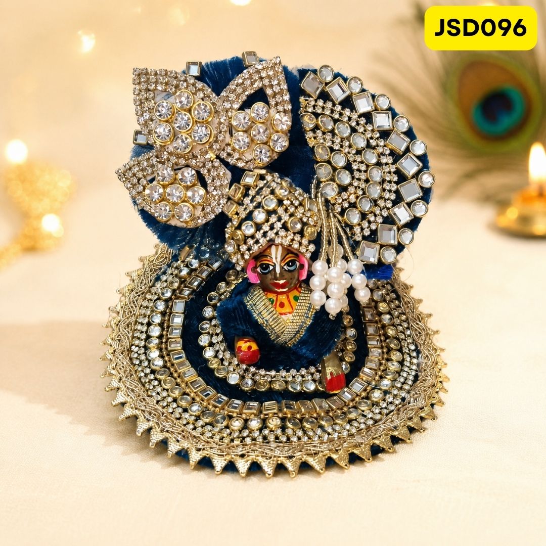 Navy Blue Velvet Stone Work Laddu Gopal Ji Poshak with Matching Pagdi | JSD096