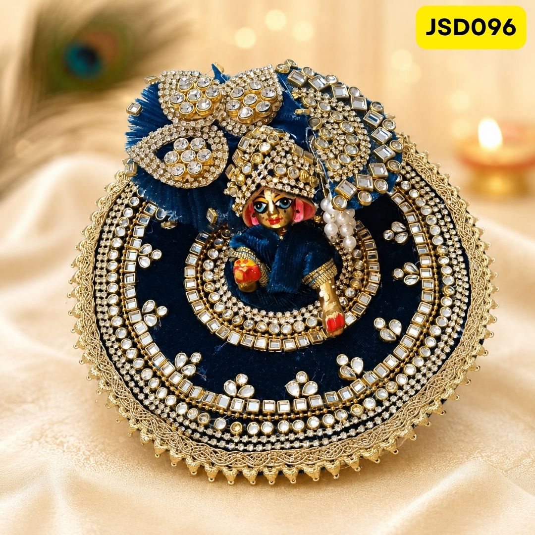 Navy Blue Velvet Stone Work Laddu Gopal Ji Poshak with Matching Pagdi | JSD096