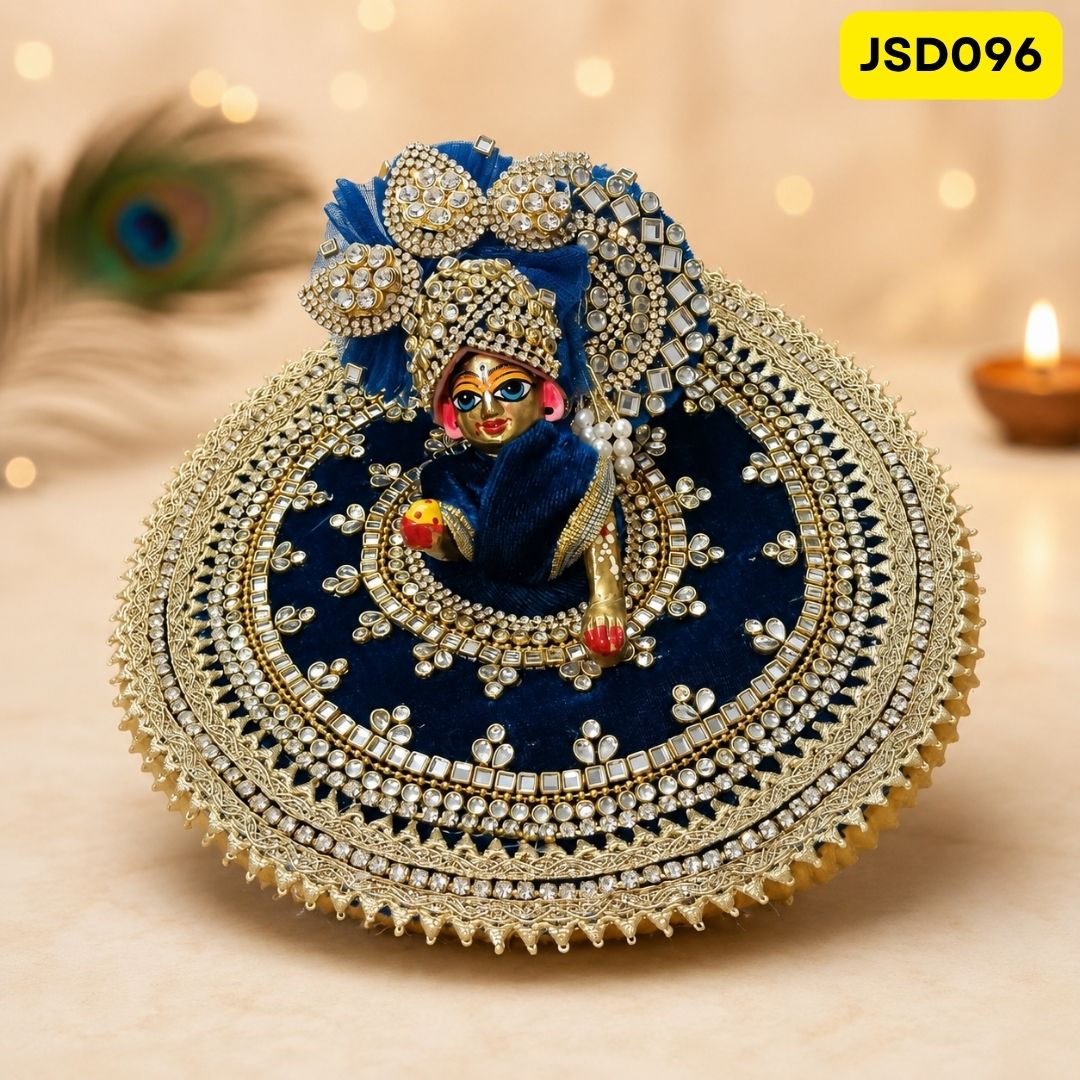 Navy Blue Velvet Stone Work Laddu Gopal Ji Poshak with Matching Pagdi | JSD096