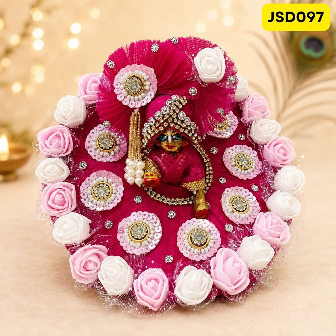 Rani Pink Rose Border Laddu Gopal Ji Poshak with Matching Pagdi | JSD097