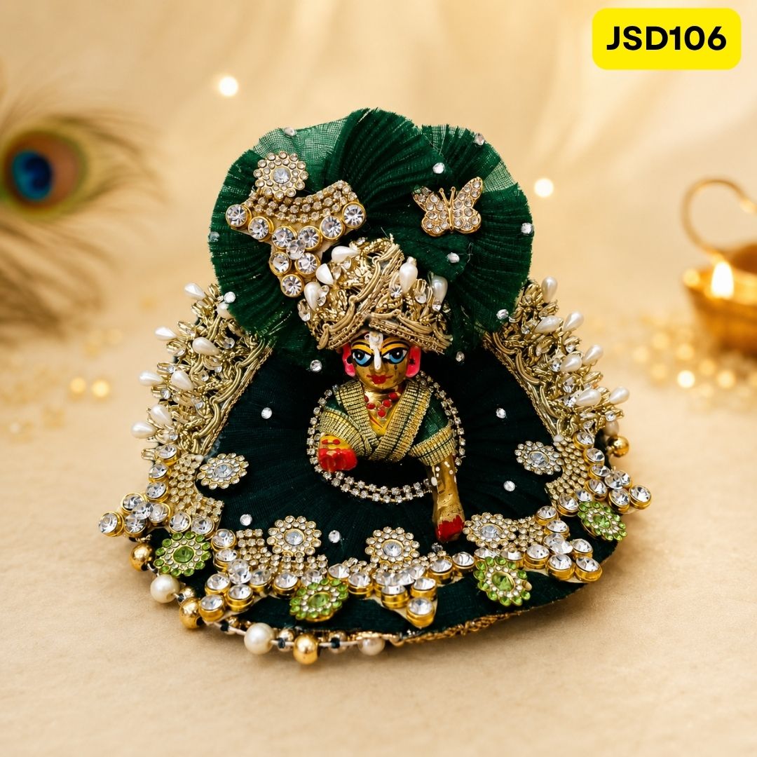 Dark Green Butterfly Work Laddu Gopal Ji Poshak with Matching Pagdi | JSD106