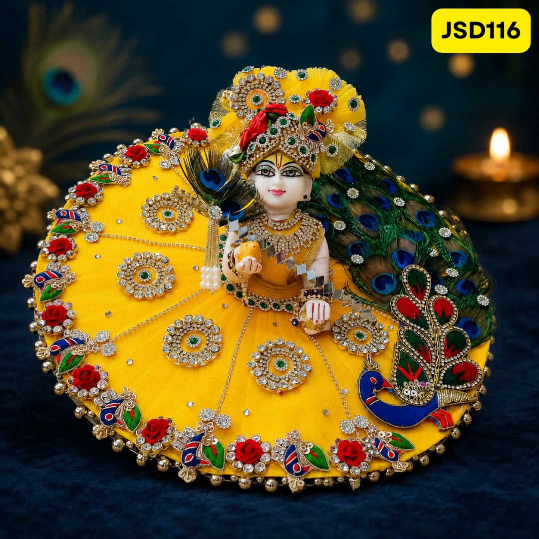 Yellow Peacock Feather Poshak for Laddu Gopal | JSD116