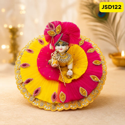 Yellow Pink Stone Work Poshak for Laddu Gopal | JSD122