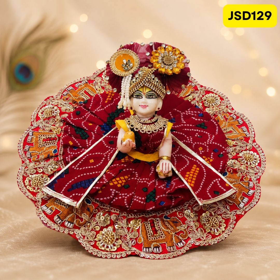 Red Bandhej with Handwork Poshak for Laddu Gopal | JSD129