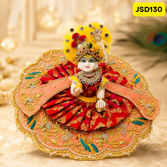 Red Stone Work Zari Floral Beads Poshak for Laddu Gopal | JSD130