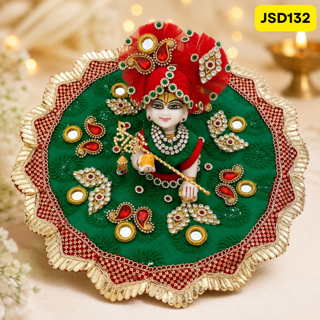 Green and Red Designer Poshak for Laddu Gopal | JSD132