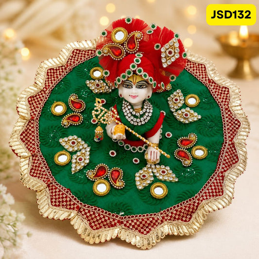 Green and Red Designer Poshak for Laddu Gopal | JSD132