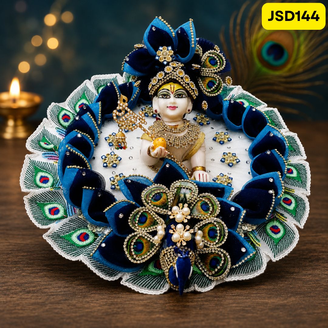 Designer Peacock Theme White & Blue Laddu Gopal Poshak with Matching Pagdi | JSD144