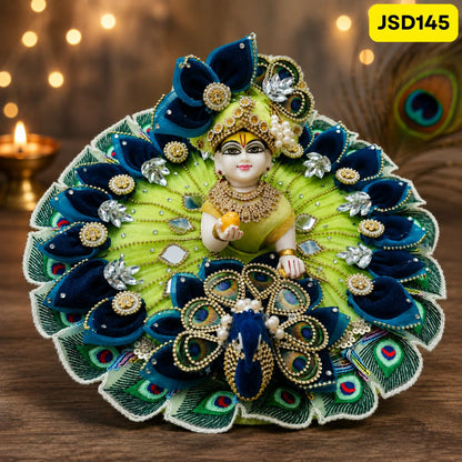 Designer Peacock Theme Pista Green & Blue Laddu Gopal Poshak with Matching Pagdi | JSD145