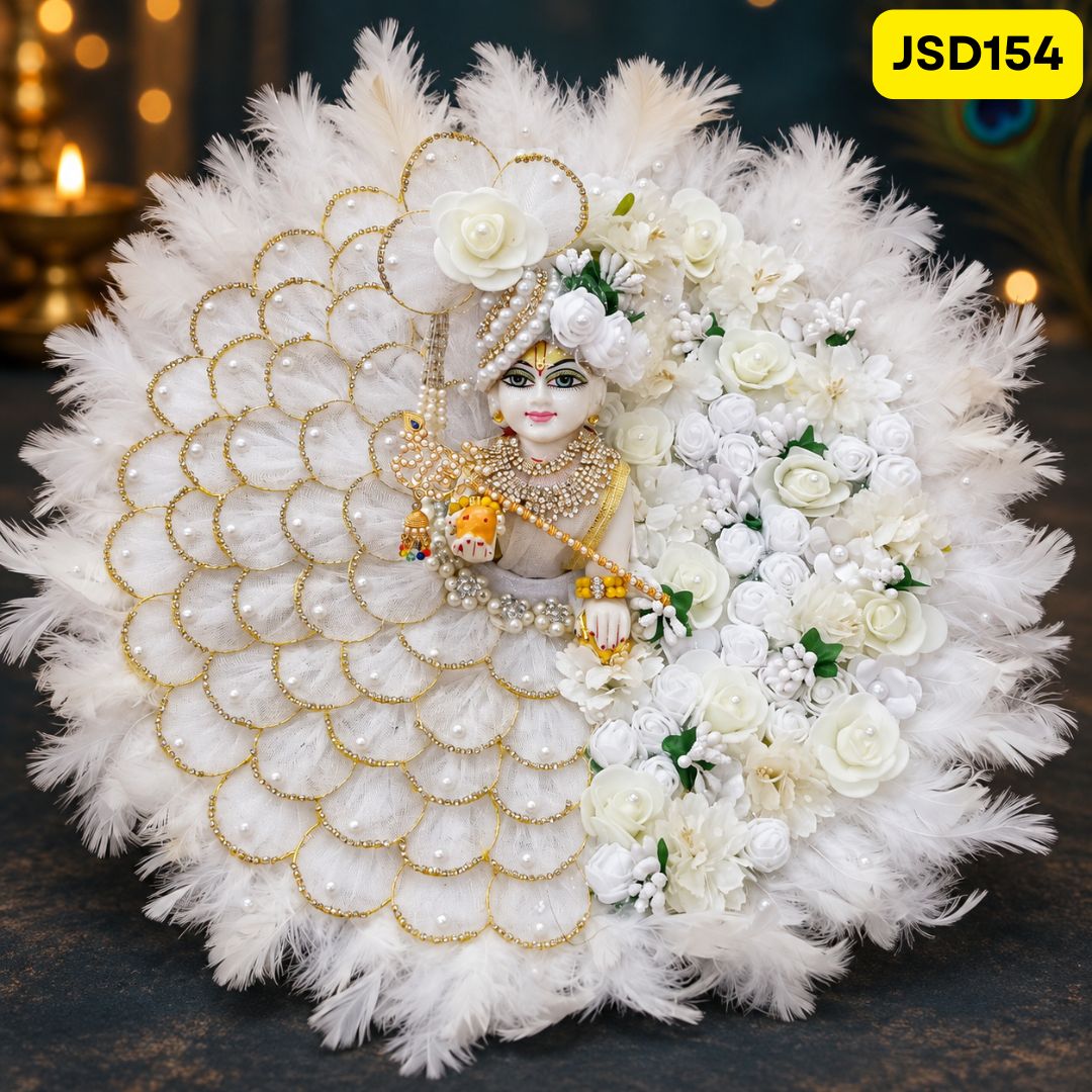 White Floral Fur Border Laddu Gopal Ji Poshak with Matching Pagdi | JSD154