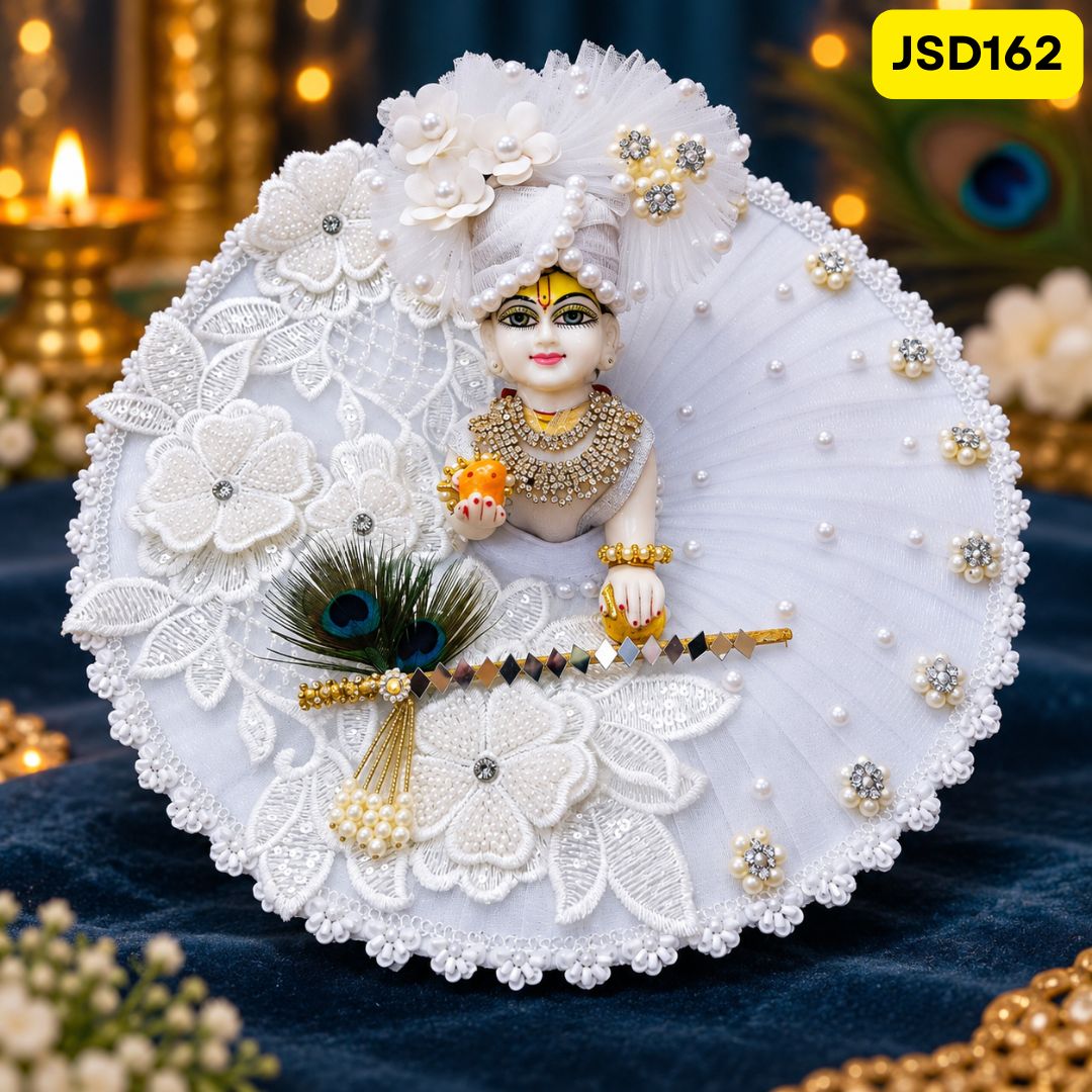 White Designer 3D Poshak for  Laddu Gopal Ji with Matching Pagdi | JSD162