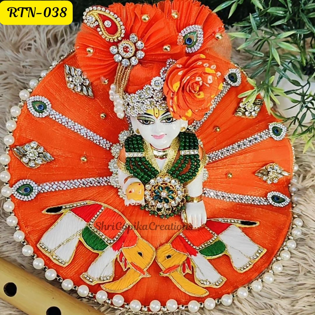 Orange Laddu Gopal Designer Poshak with Elephant Motifs | Size-  6 | RTN038