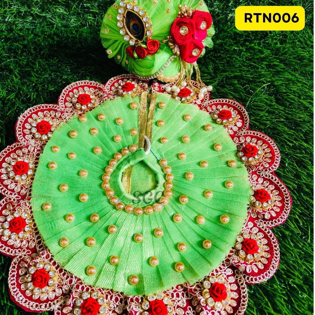 Parrot Green Laddu Gopal Dress with Red Rose with Matching Pagdi |Size- ( 4, 5 )| RTN006