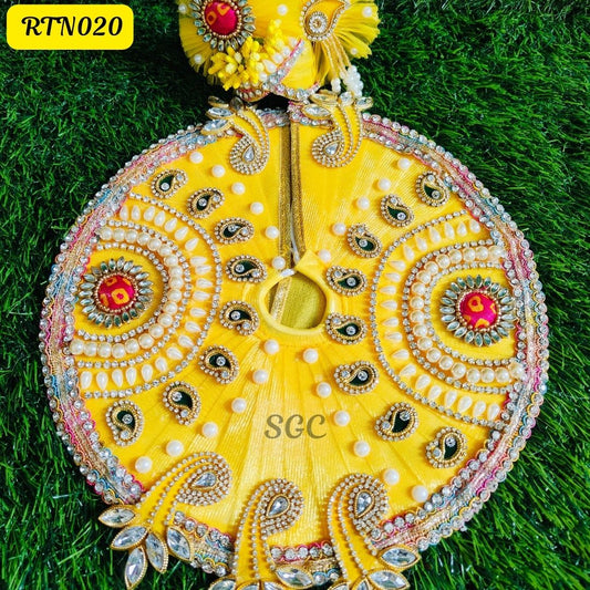 Laddu Gopal Dress with Matching Pagdi - Yellow & Ornate Design |Size- 3 | RTN020
