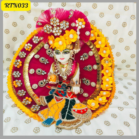 Elegant Magenta pink Laddu Gopal Dress with Yellow Floral Accents and Matching Pagdi |Size- 5 | RTN033