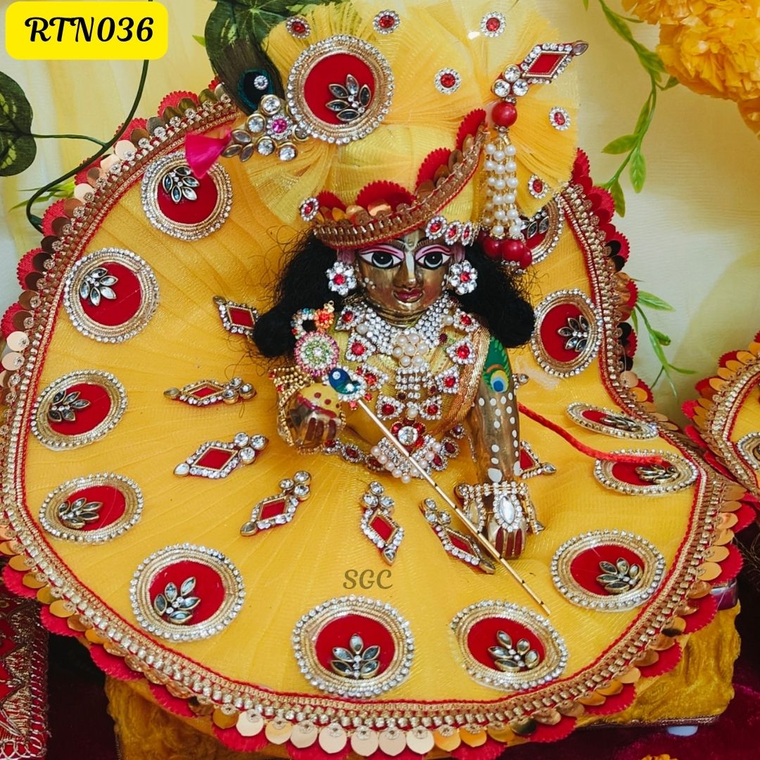 Golden Yellow Laddu Gopal Dress with Red Embellishments|Size- 2 | RTN036