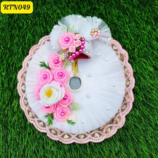 Elegant White Laddu Gopal Dress with Pink Floral Accents and Matching Pagdi |Size- ( 1, 2 ) | RTN049