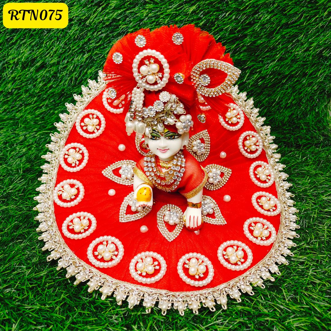 Red Stone Work Pearl Work Zari Floral Poshak for Laddu Gopal | RTN075