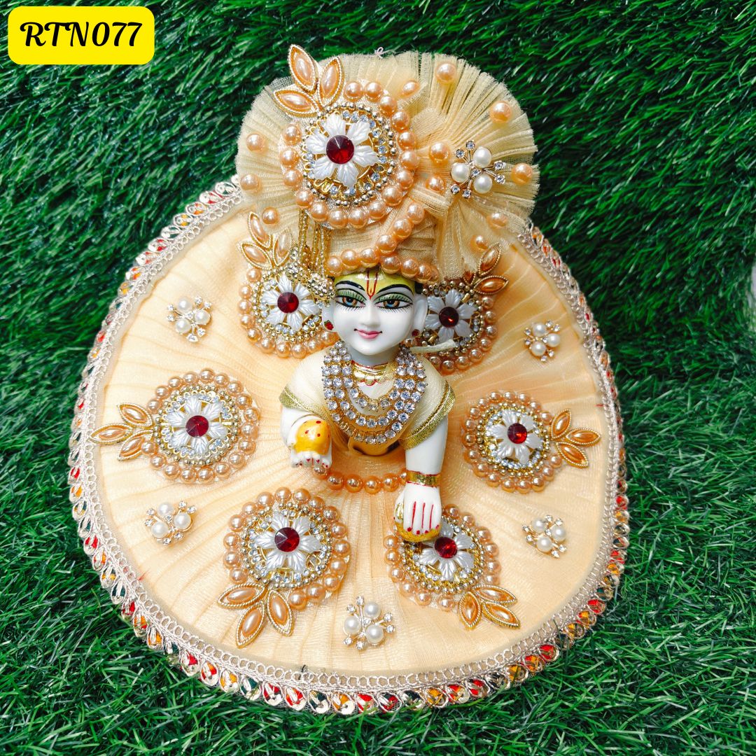 Golden Stone Work Pearl Work Zari Floral Poshak for Laddu Gopal | RTN077