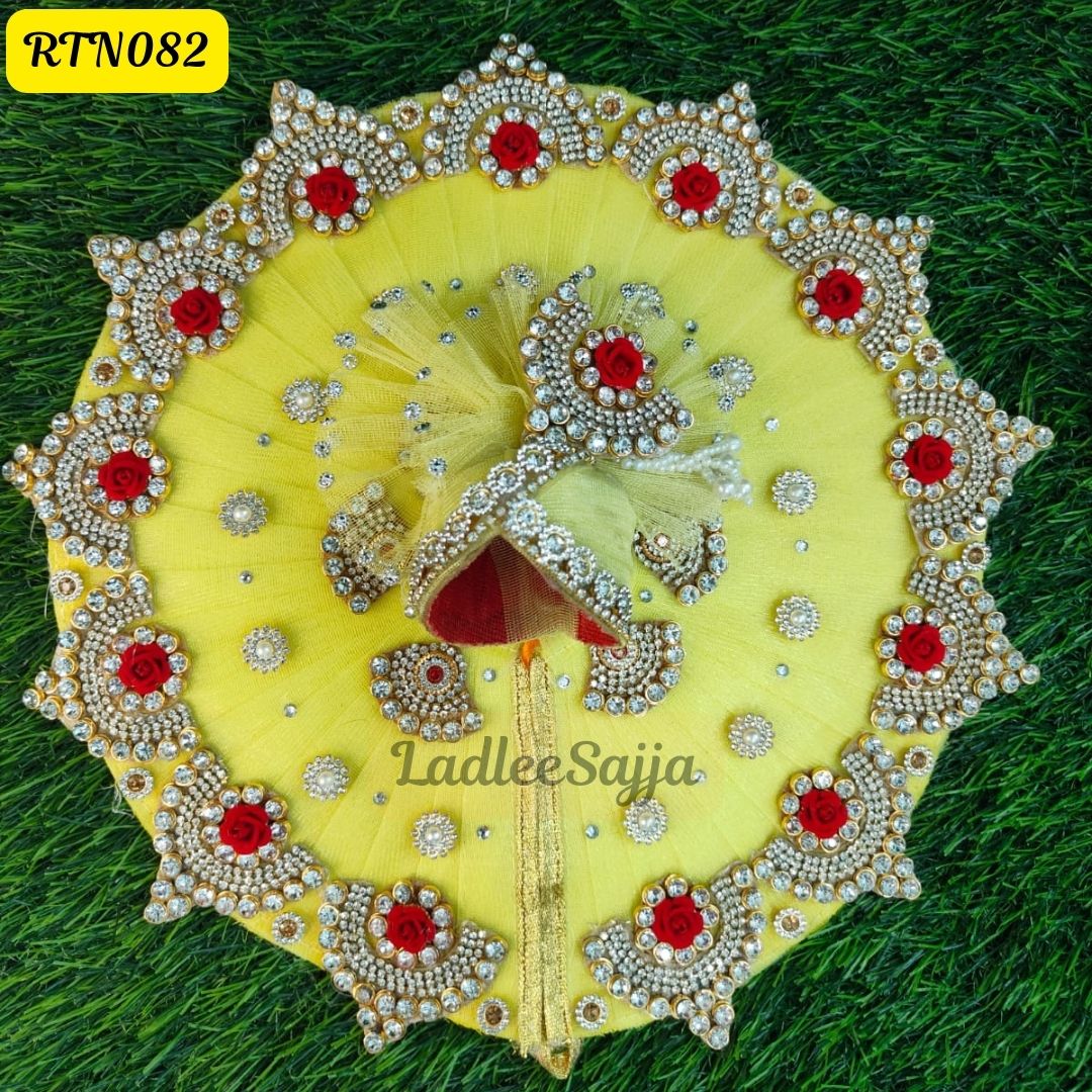 Lemon Yellow Laddu Gopal Dress and matching Pagdi with Red Rose and Stone Embellishments | RTN082