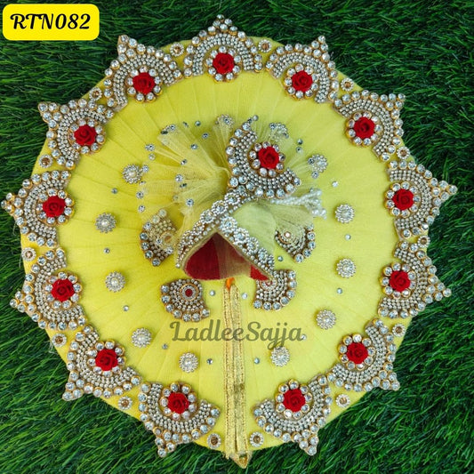 Lemon Yellow Laddu Gopal Dress and matching Pagdi with Red Rose and Stone Embellishments | RTN082