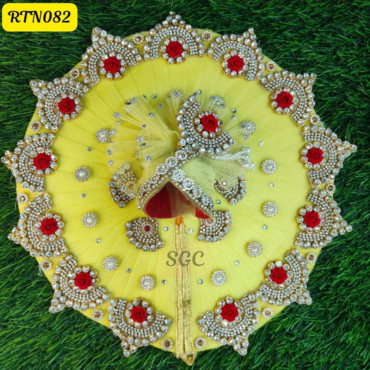 Lemon Yellow Laddu Gopal Dress and matching Pagdi with Red Rose and Stone Embellishments |Size- 4 | RTN082