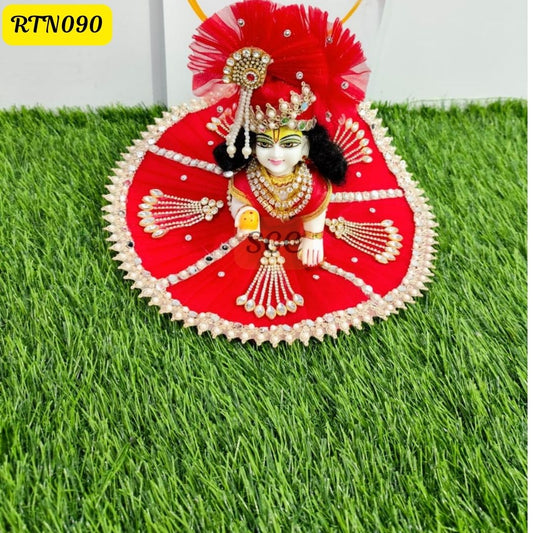 Red Laddu Gopal Dress and matching Pagdi with Pearl and Stone Embellishments |Size- 4  | RTN090