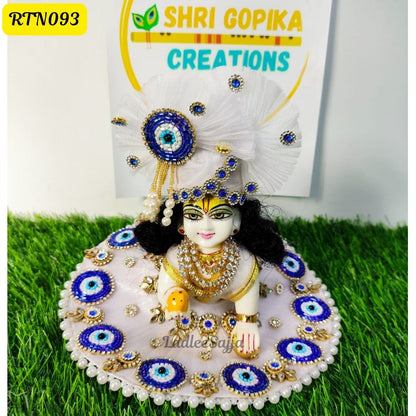 White and Blue Evil Eye Laddu Gopal Dress with Matching Pagdi | RTN093