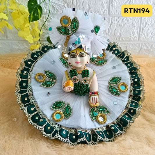 Green White Stone Work Beads Zari Poshak for Laddu Gopal | RTN194