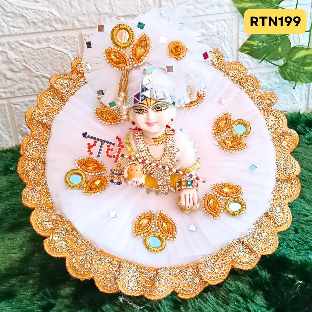 Yellow and White Designer Laddu Gopal Poshak With Matching Pagdi | RTN199