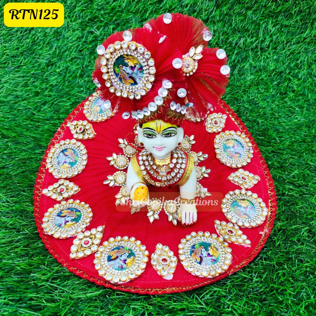 Red Laddu Gopal Designer Poshak with Radha Krishna Motifs | Size- 5 No.| RTN125