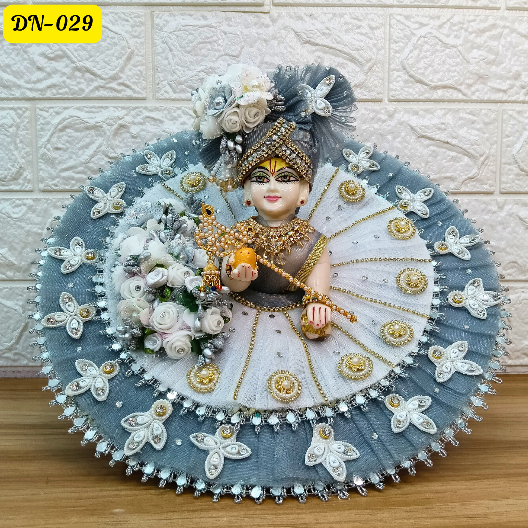 Grey and White Laddu Gopal Poshak With Matching Pagdi | DN-029