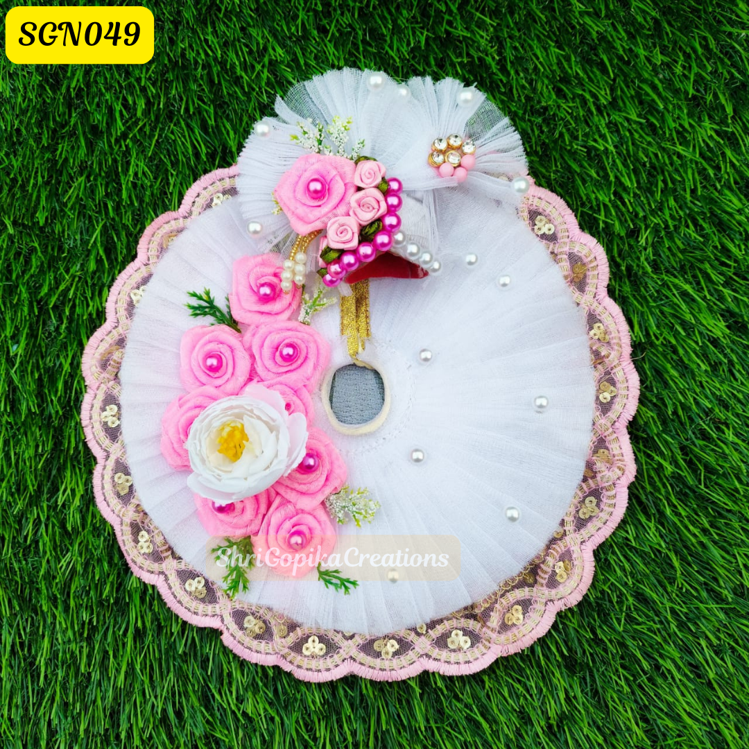 Elegant White Laddu Gopal Dress with Pink Floral Accents and Matching Pagdi | SGN049