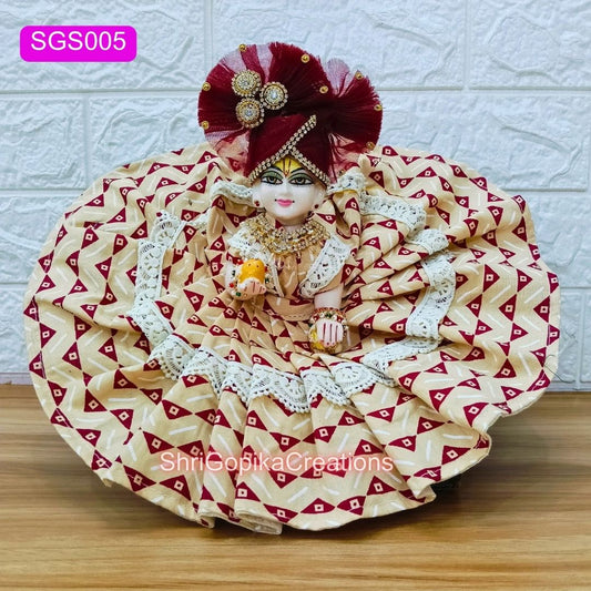 Laddu Gopal Cream and Marron Cotton Poshak with Pagdi | SGS005