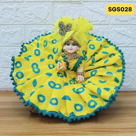 🌿 Vibrant yellow printed pure cotton Laddu Gopal Dress with matching Crown – SGS028🌿