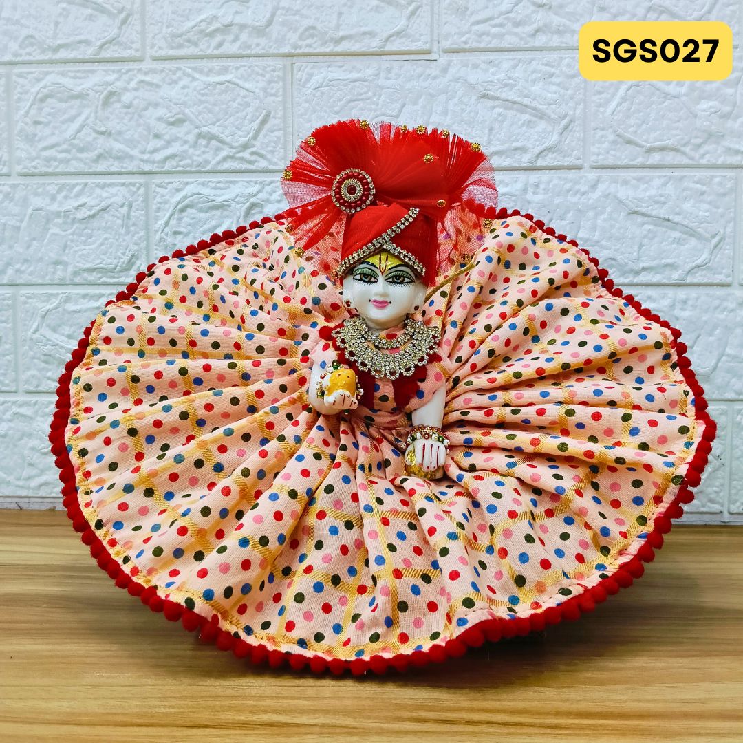 🌿 Polka dot peach coloured pure cotton Laddu Gopal Dress with matching Crown – SGS027🌿