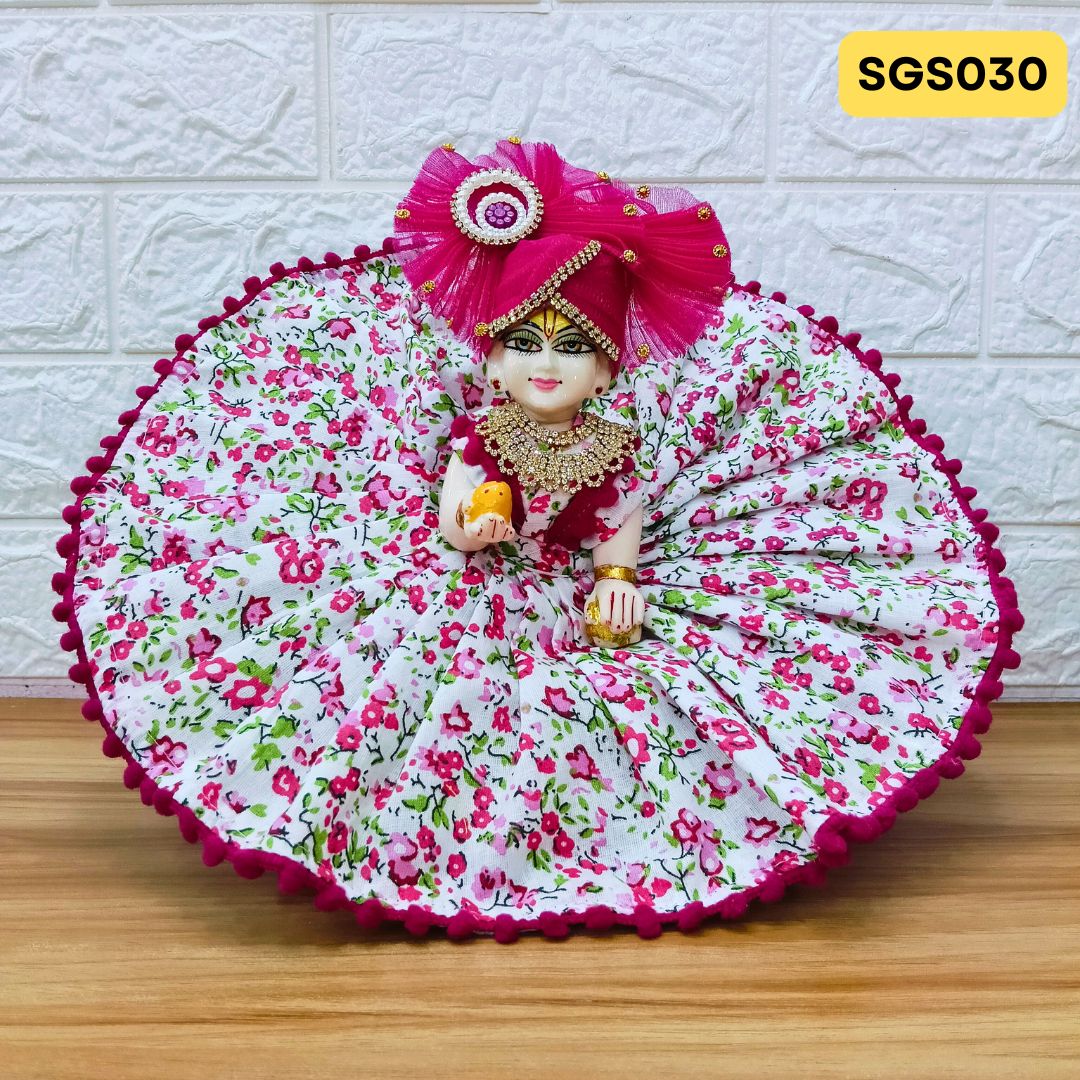 🌿 White and pink printed pure cotton Laddu Gopal Dress with matching Pagdi – SGS030🌿