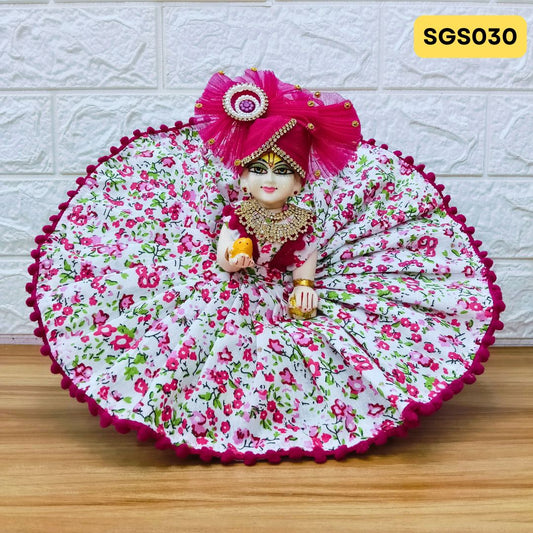 🌿 White and pink printed pure cotton Laddu Gopal Dress with matching Pagdi – SGS030🌿